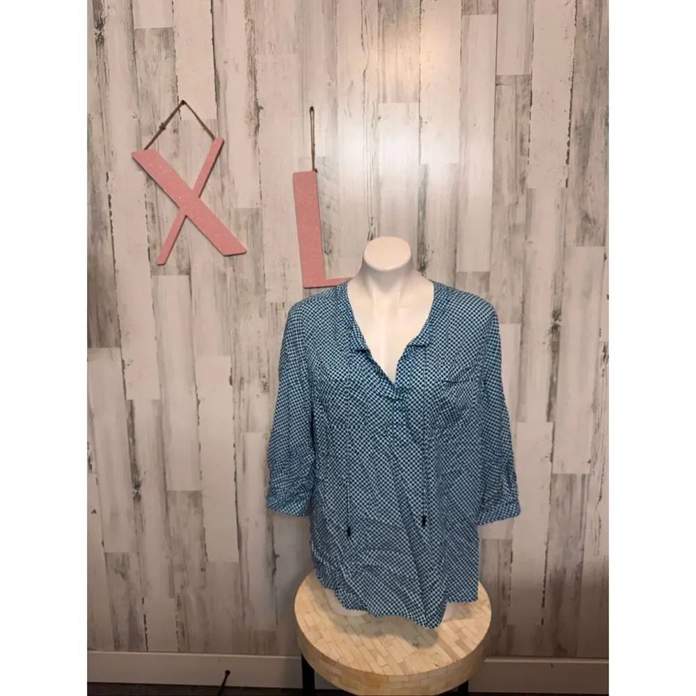 Stylus Blue White Geometric Print Blouse Womens Size Extra Large XL 3/4 Sleeve T